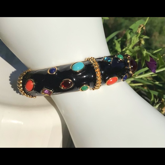 Kenneth J. Lane Jeweled Black & Gold Enamel Bangle Bracelet Multi - Picture 8 of 11